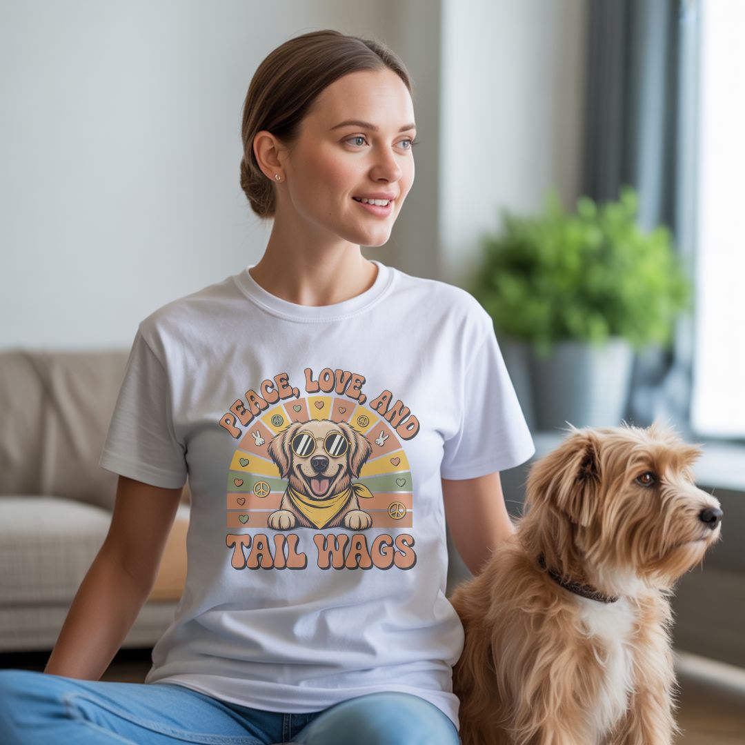 Unisex t-shirt with retro dog graphic and ‘Peace, Love And Tail Wags’ text, perfect for dog lovers.