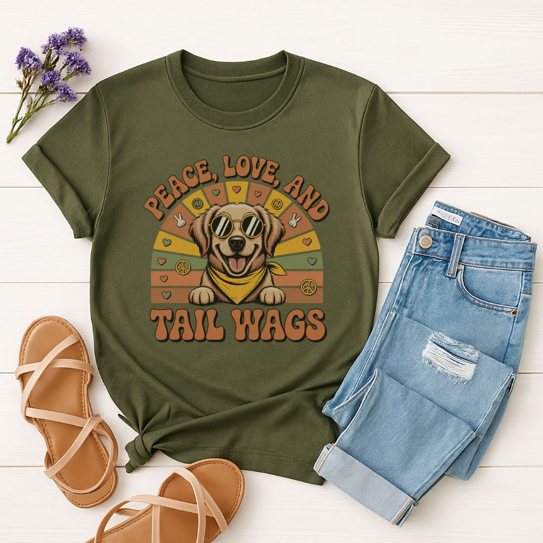 Military Green Gildan 6400 unisex t-shirt with retro dog graphic and ‘Peace, Love And Tail Wags’ text, perfect for dog lovers.