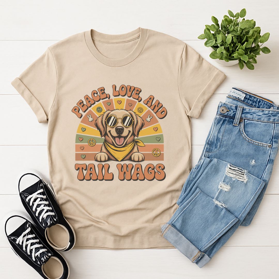 Sand Beige Gildan 6400 unisex t-shirt with retro dog graphic and ‘Peace, Love And Tail Wags’ text, perfect for dog lovers.