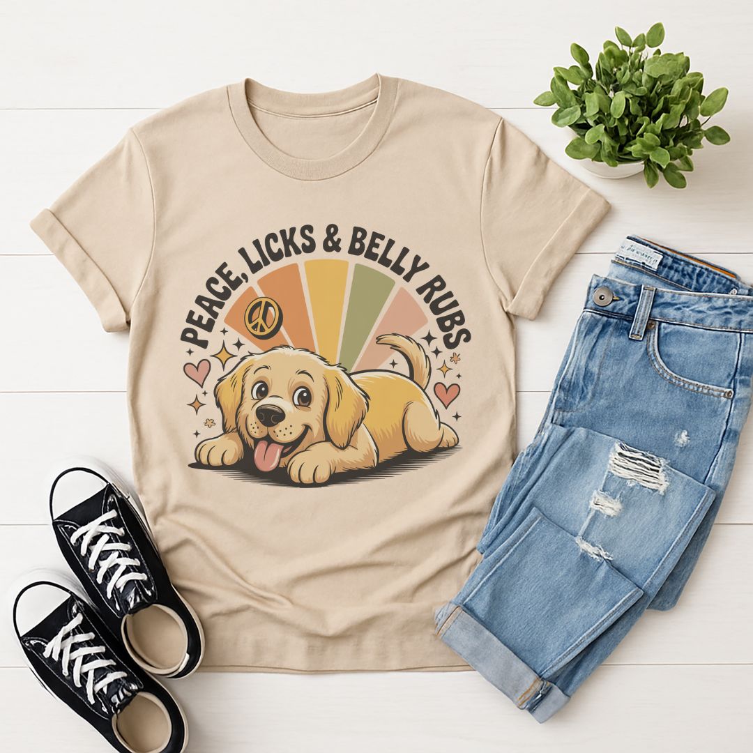 Sand Gildan 6400 unisex t-shirt with retro dog graphic and ‘Peace, Licks & Belly Rubs’ text, perfect for dog lovers.