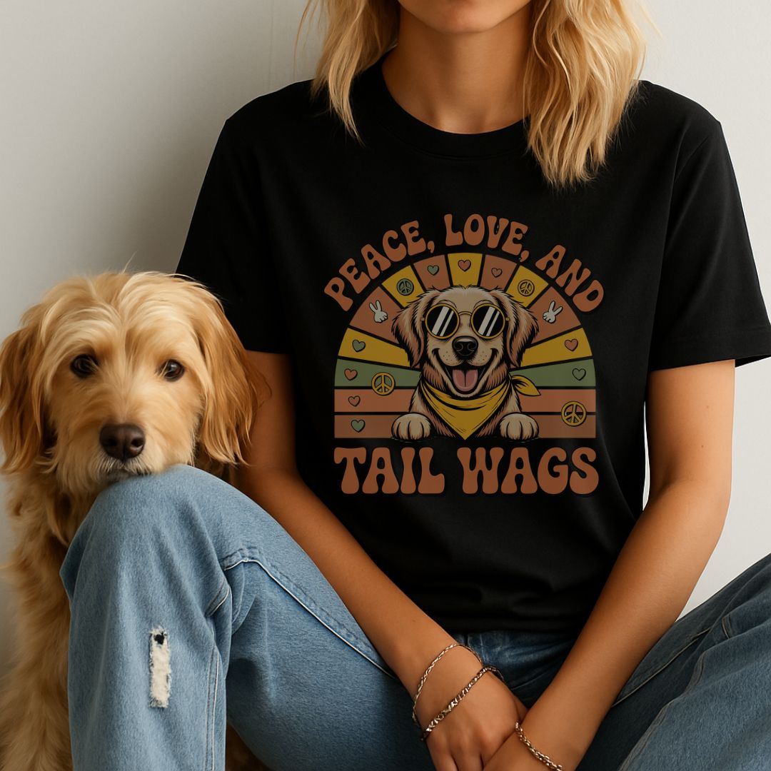 Black unisex t-shirt with retro dog graphic and ‘Peace, Love And Tail Wags’ text, perfect for dog lovers.