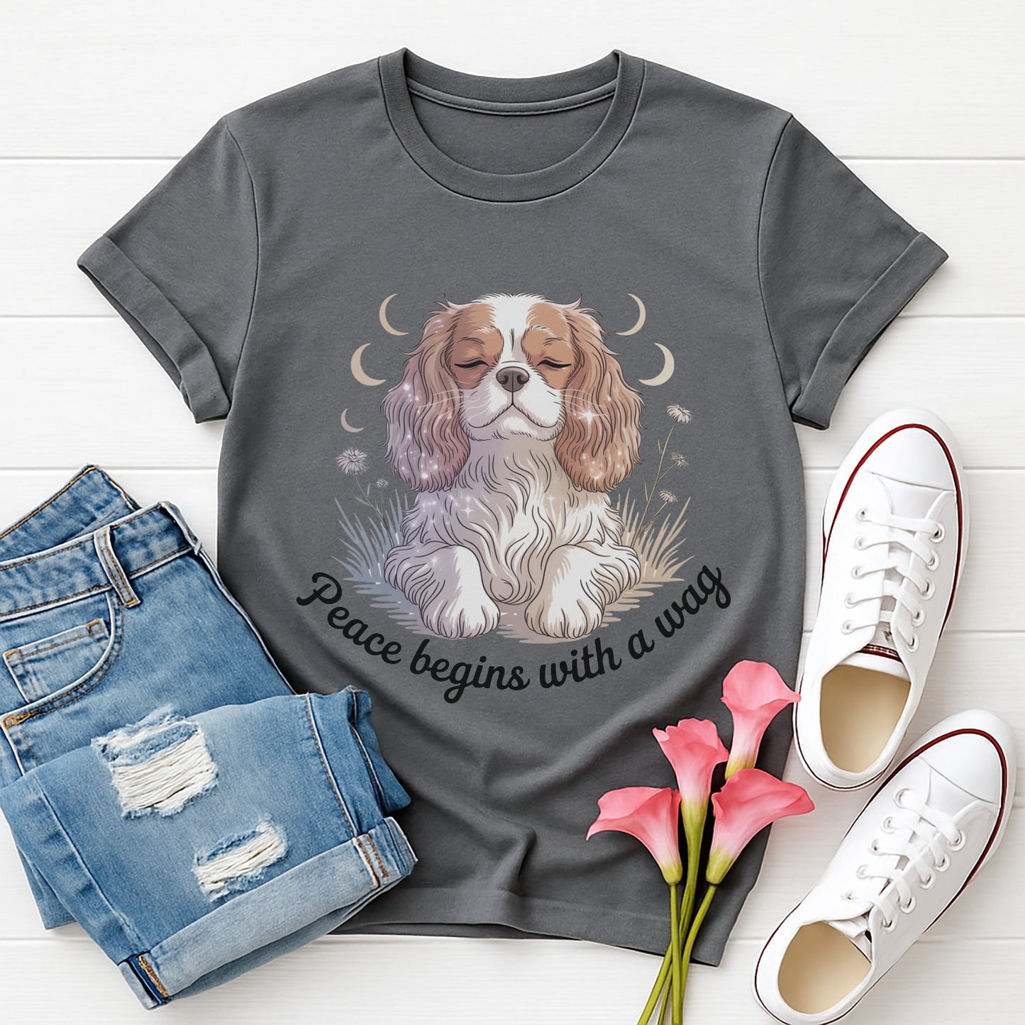 Charcoal Gray Gildan 6400 unisex t-shirt with retro dog graphic and ‘Peace begins with a wag’ text, perfect for dog lovers.
