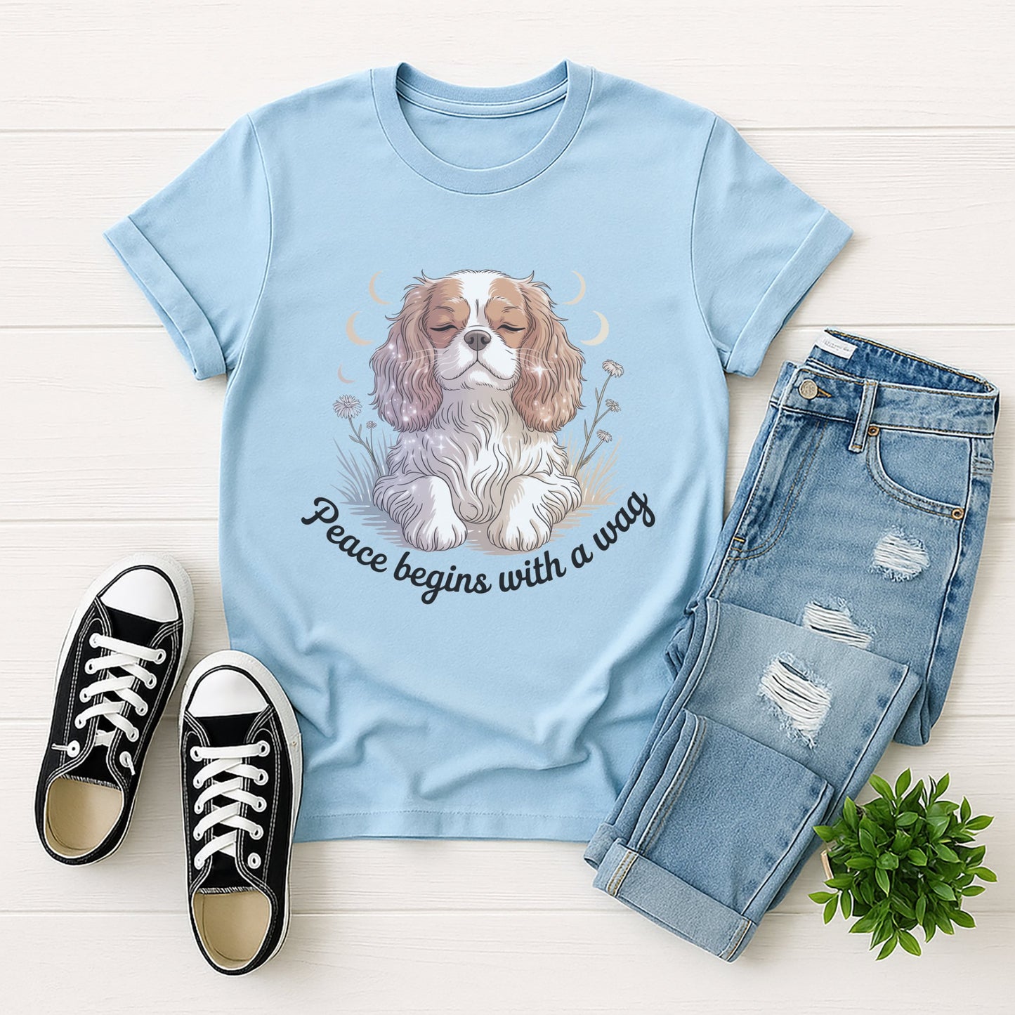Light Blue Gildan 6400 unisex t-shirt with retro dog graphic and ‘Peace begins with a wag’ text, perfect for dog lovers.