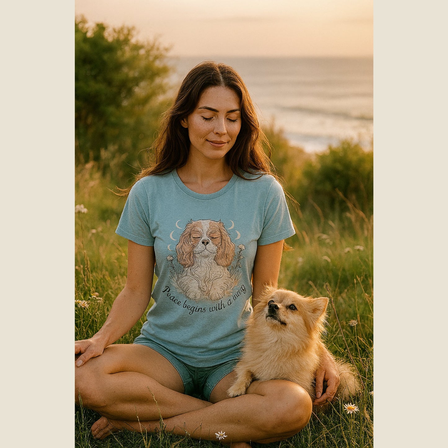 Light Blue unisex t-shirt with retro dog graphic and ‘Peace begins with a wag’ text, perfect for dog lovers.