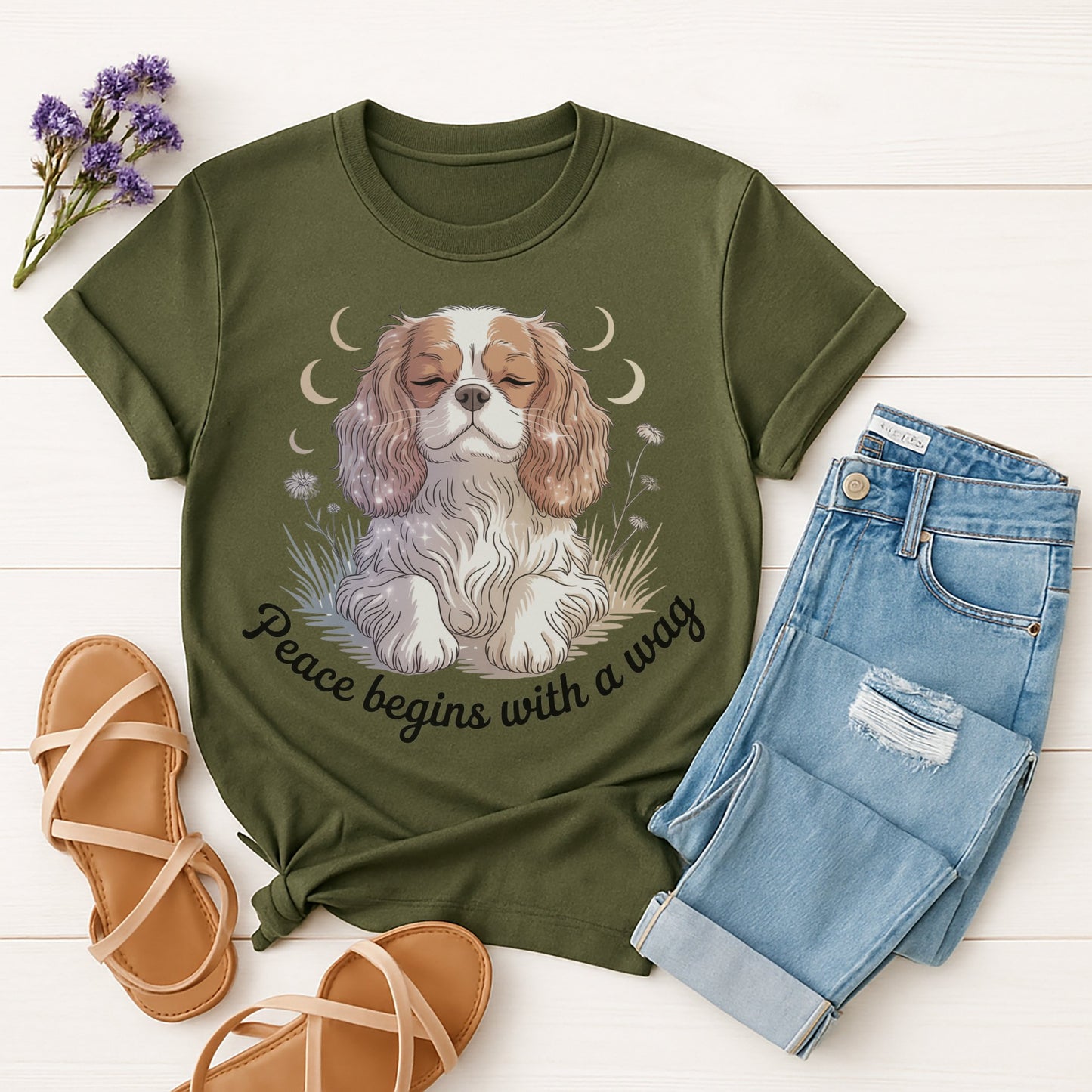 Military Green Gildan 6400 unisex t-shirt with retro dog graphic and ‘Peace begins with a wag’ text, perfect for dog lovers.