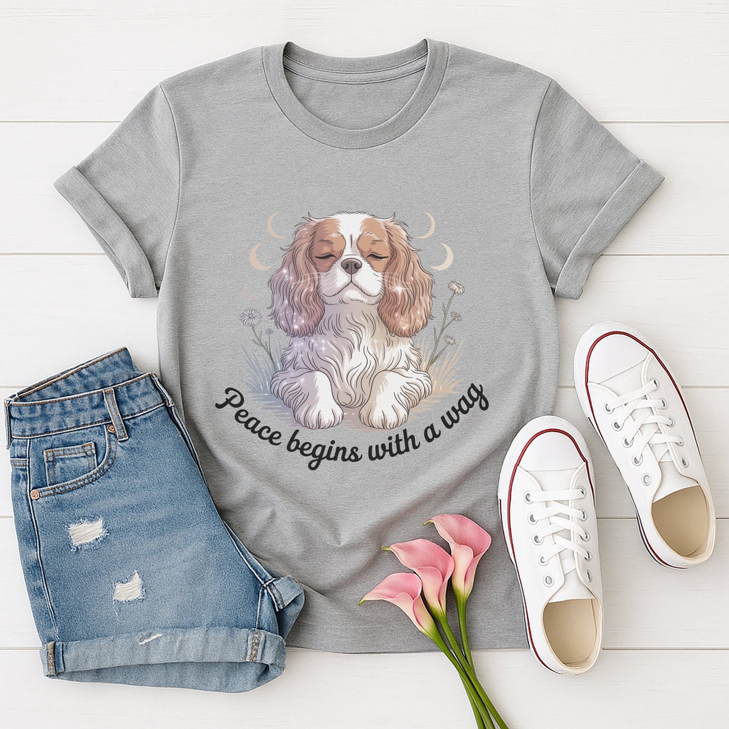 Sport Gray Gildan 6400 unisex t-shirt with retro dog graphic and ‘Peace begins with a wag’ text, perfect for dog lovers.