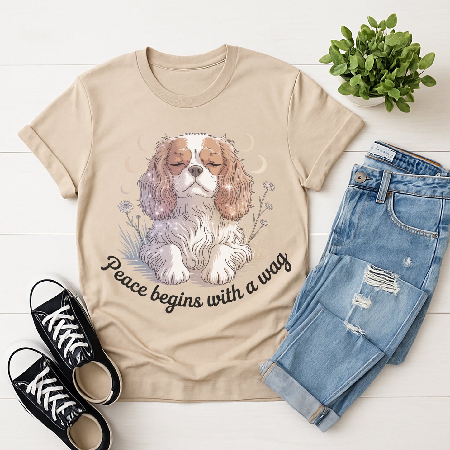 Sand Beige Gildan 6400 unisex t-shirt with retro dog graphic and ‘Peace begins with a wag’ text, perfect for dog lovers.