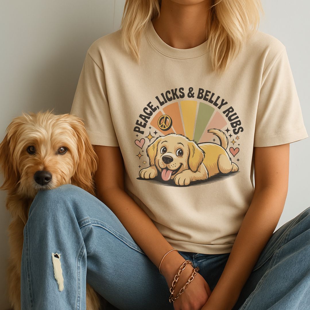 Sand unisex t-shirt with retro dog graphic and ‘Peace, Licks & Belly Rubs’ text, perfect for dog lovers.