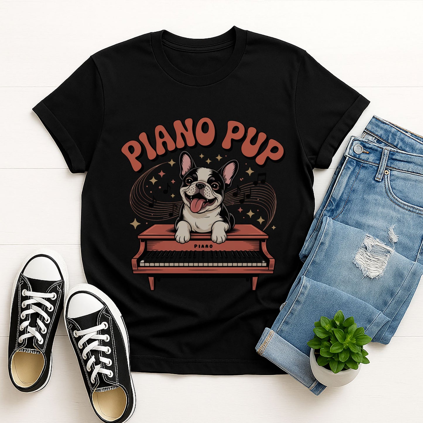 Black Gildan 6400 unisex t-shirt with retro dog graphic and ‘Piano Pup' text, perfect for dog lovers.