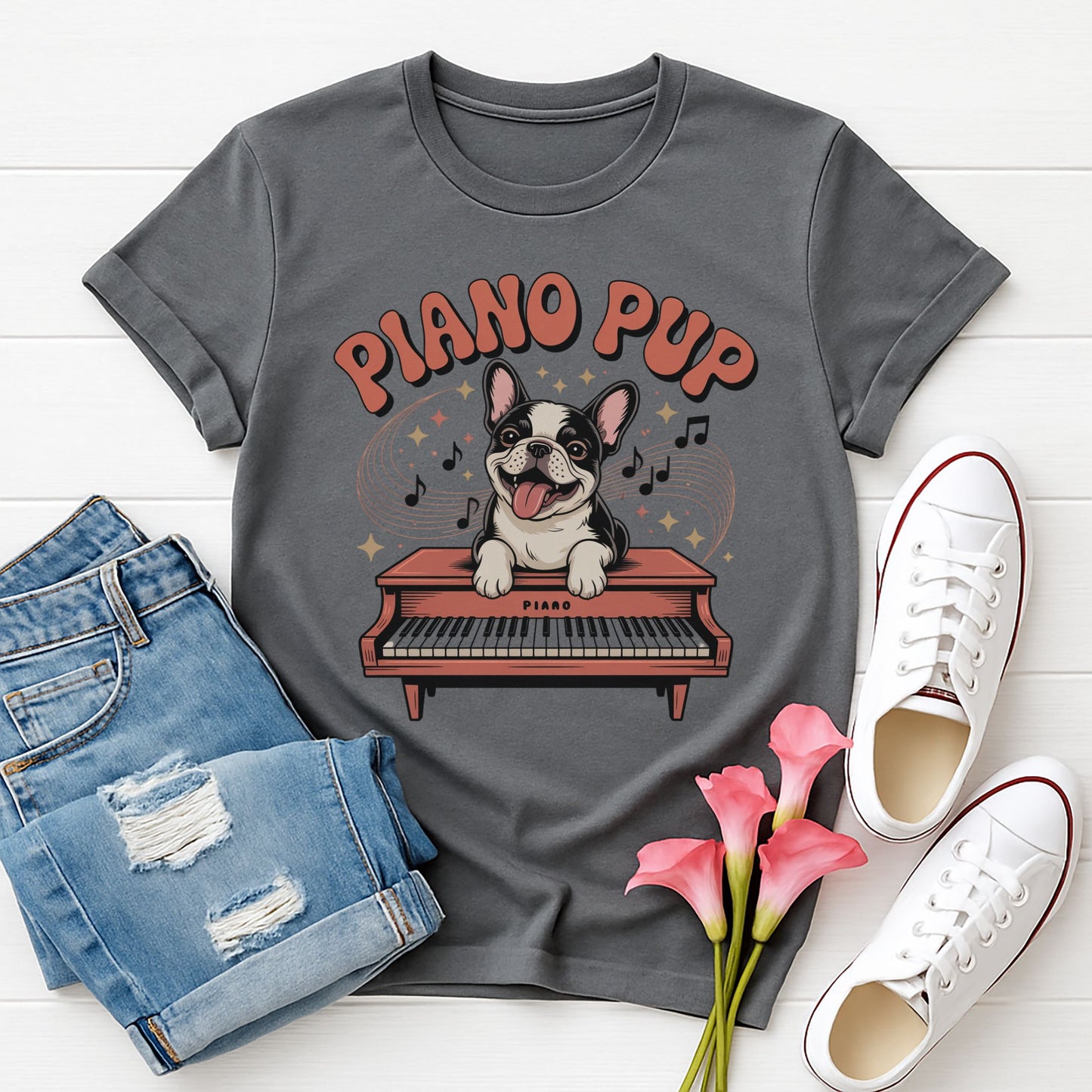 Charcoal Gray Gildan 6400 unisex t-shirt with retro dog graphic and ‘Piano Pup' text, perfect for dog lovers.