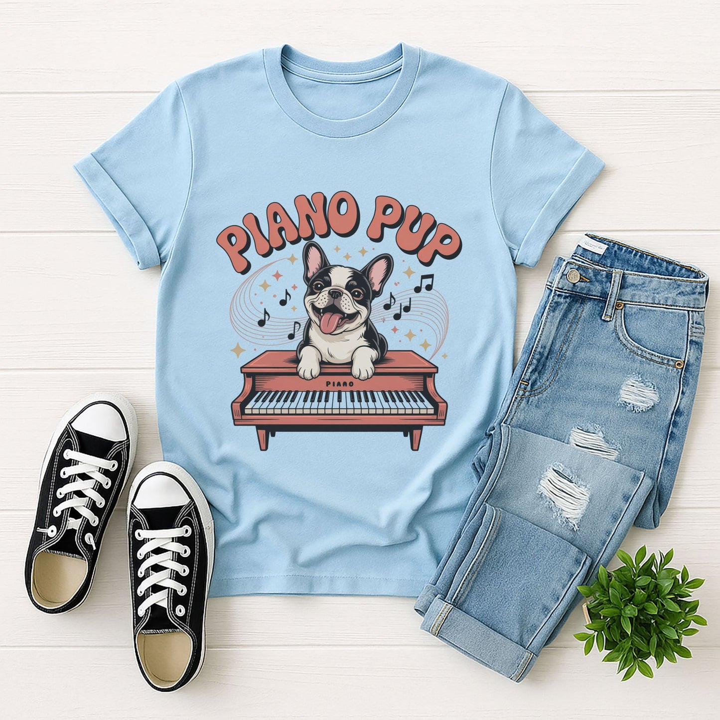 Light blue Gildan 6400 unisex t-shirt with retro dog graphic and ‘Piano Pup' text, perfect for dog lovers.