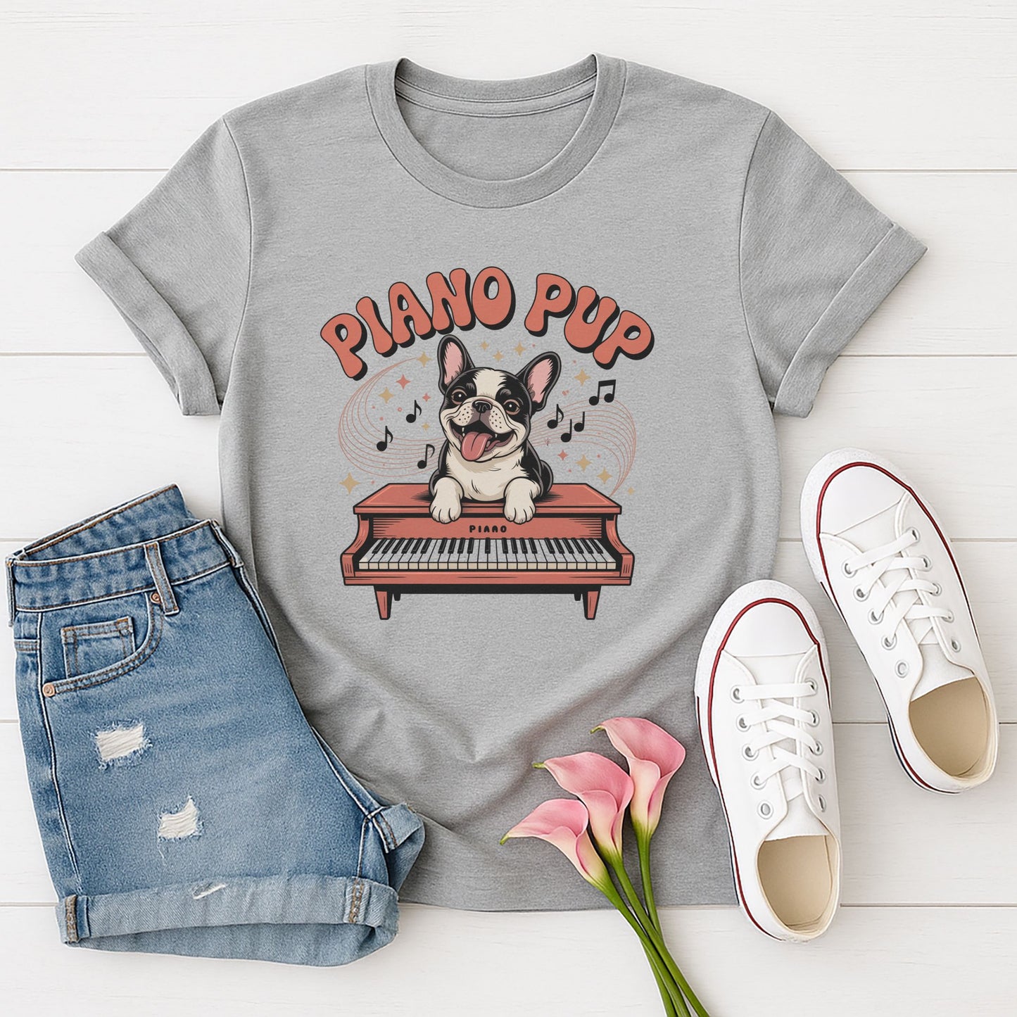 Sport Gray Gildan 6400 unisex t-shirt with retro dog graphic and ‘Piano Pup' text, perfect for dog lovers.