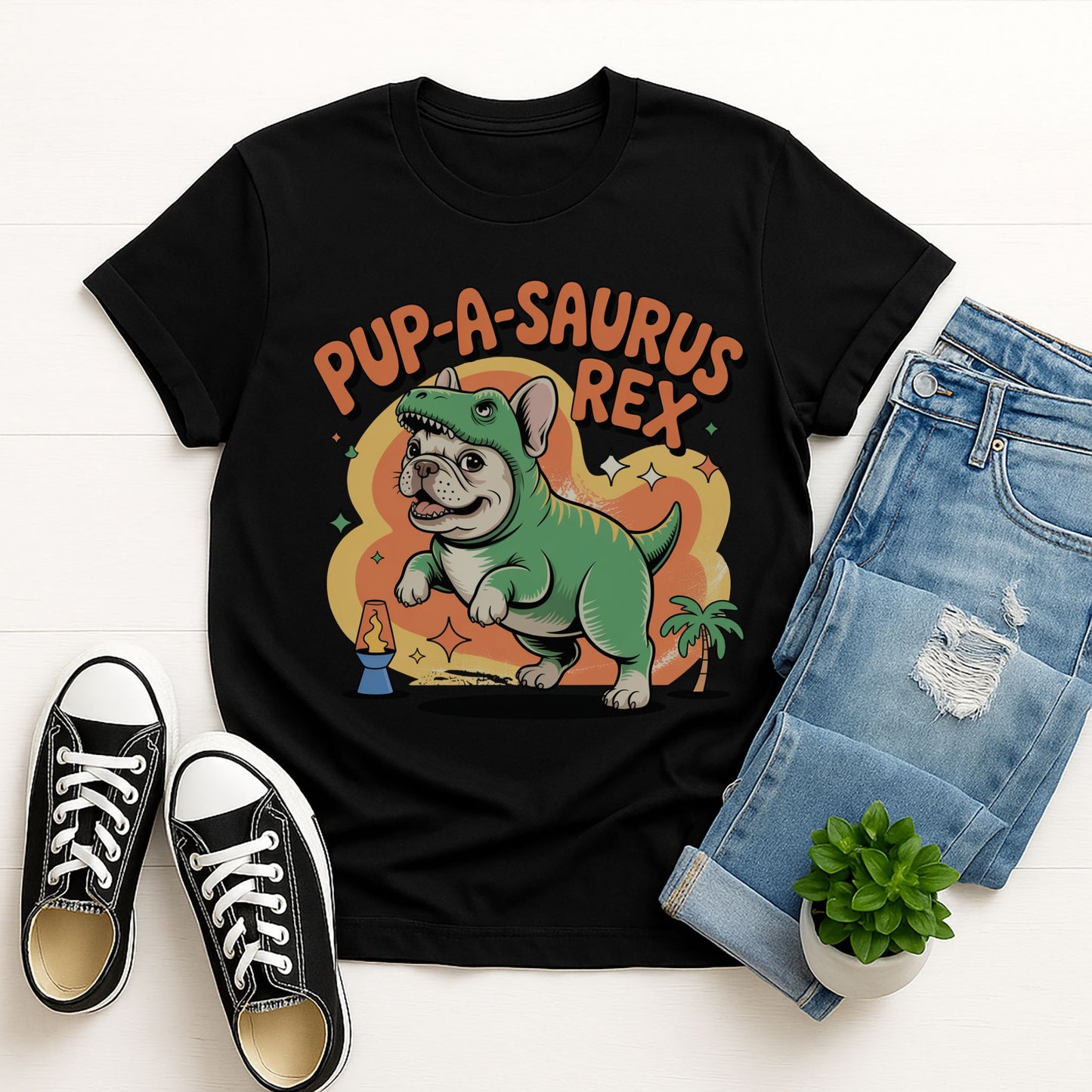 Black Gildan 6400 unisex t-shirt with retro dog graphic and ‘Pup-A-Saurus Rex’ text, perfect for dog lovers.