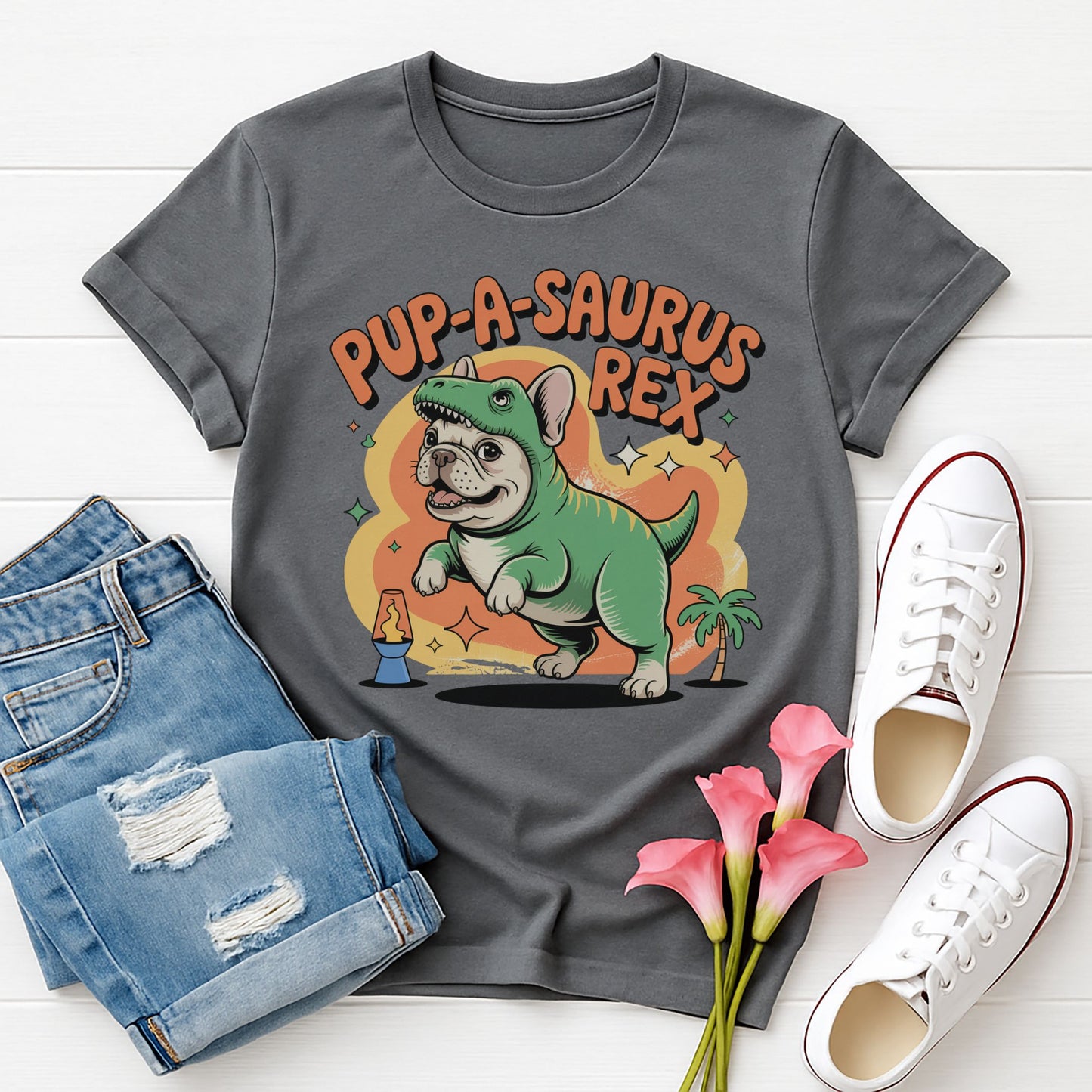 Charcoal Gray Gildan 6400 unisex t-shirt with retro dog graphic and ‘Pup-A-Saurus Rex’ text, perfect for dog lovers.