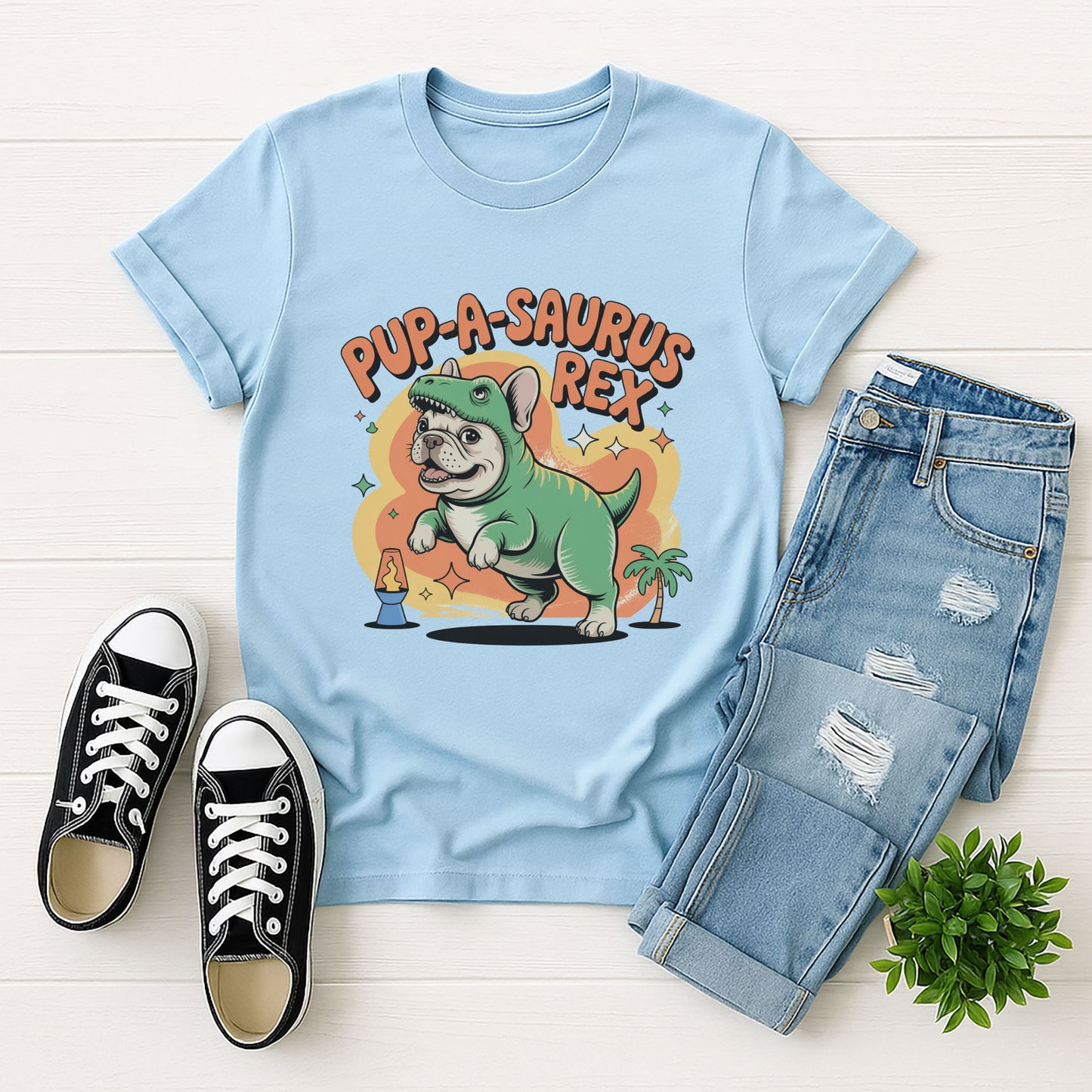 Light Blue Gildan 6400 unisex t-shirt with retro dog graphic and ‘Pup-A-Saurus Rex’ text, perfect for dog lovers.