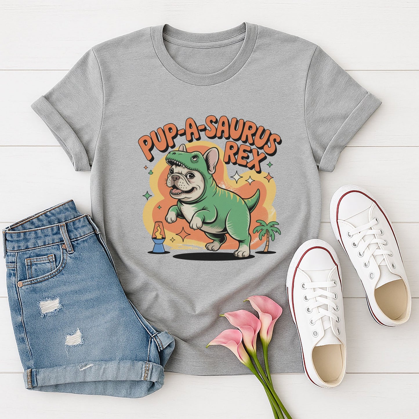 Sport Gray Gildan 6400 unisex t-shirt with retro dog graphic and ‘Pup-A-Saurus Rex’ text, perfect for dog lovers.