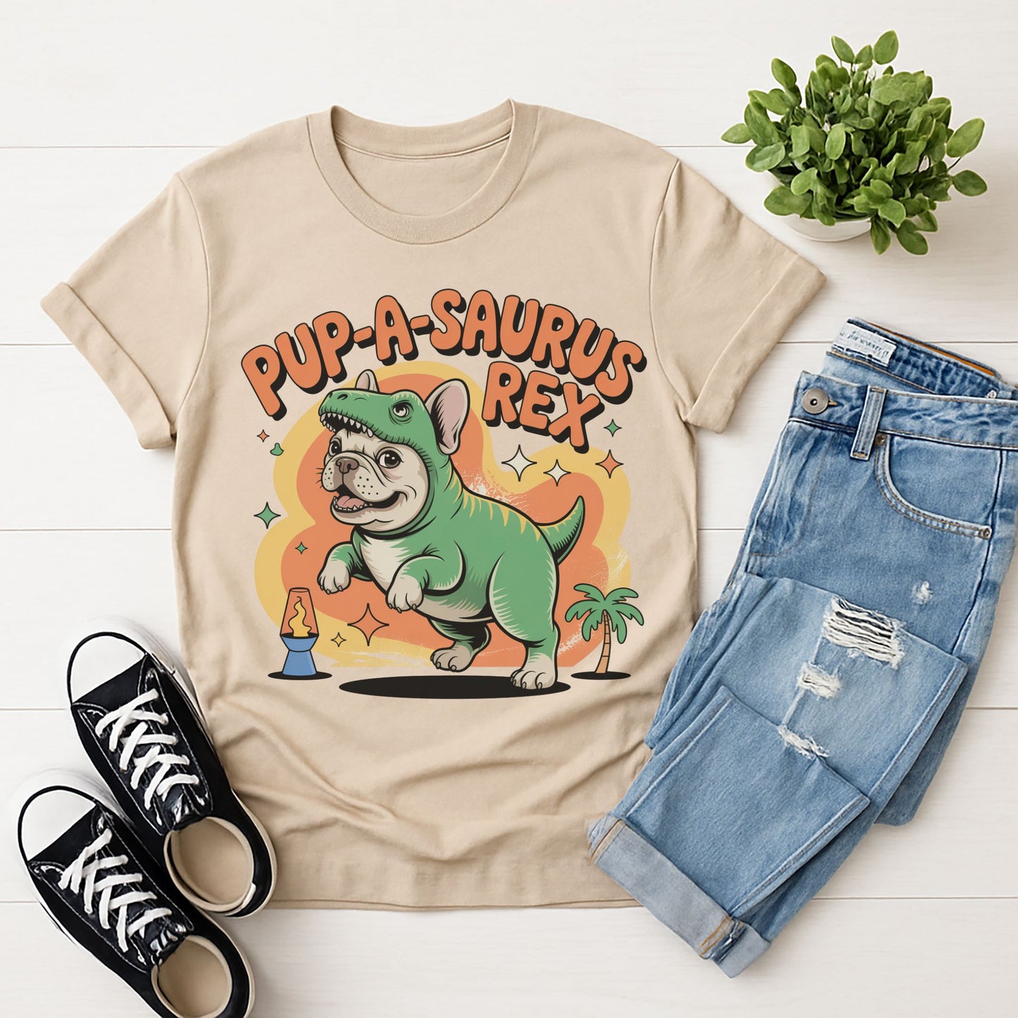 Sand Beige Gildan 6400 unisex t-shirt with retro dog graphic and ‘Pup-A-Saurus Rex’ text, perfect for dog lovers.