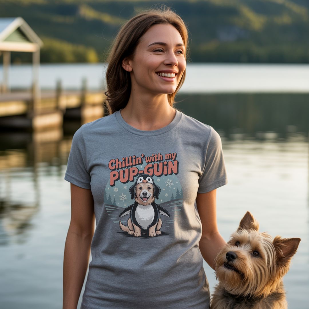 Sport Gray unisex t-shirt with retro dog graphic and ‘Chillin' with my PUP-GUIN’ text, perfect for dog lovers.
