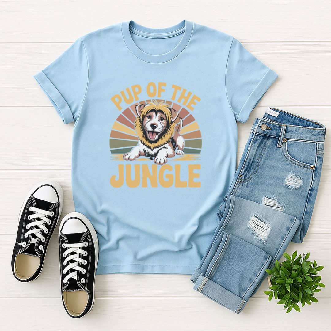 Light Blue Gildan 6400 unisex t-shirt with retro dog graphic and ‘Pup Of The Jungle’ text, perfect for dog lovers.