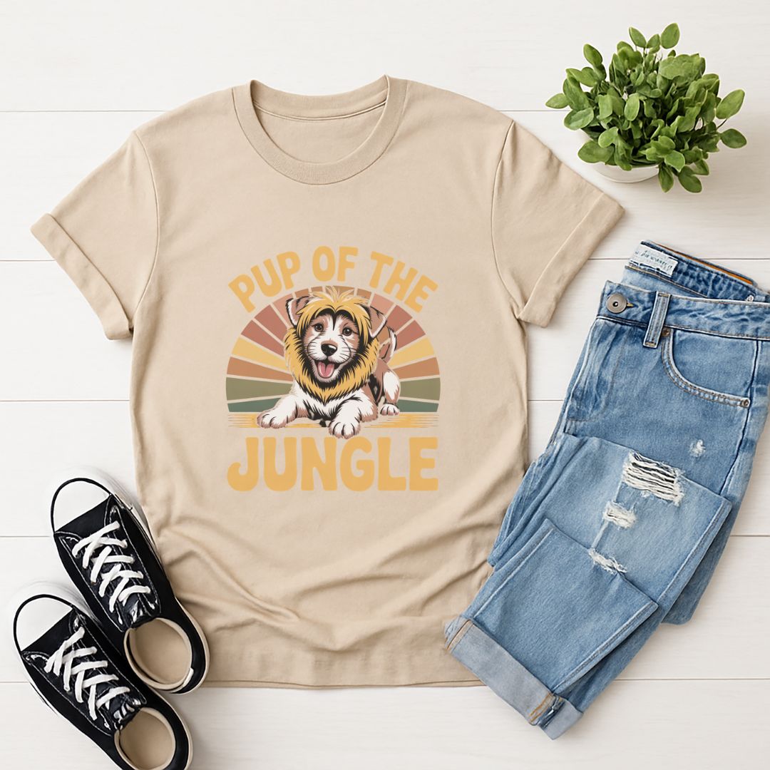 Sand Beige Gildan 6400 unisex t-shirt with retro dog graphic and ‘Pup Of The Jungle’ text, perfect for dog lovers.