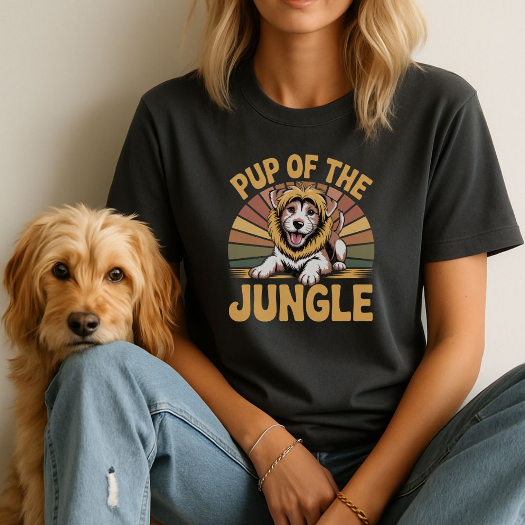 Unisex t-shirt with retro dog graphic and ‘Pup Of The Jungle’ text, perfect for dog lovers.