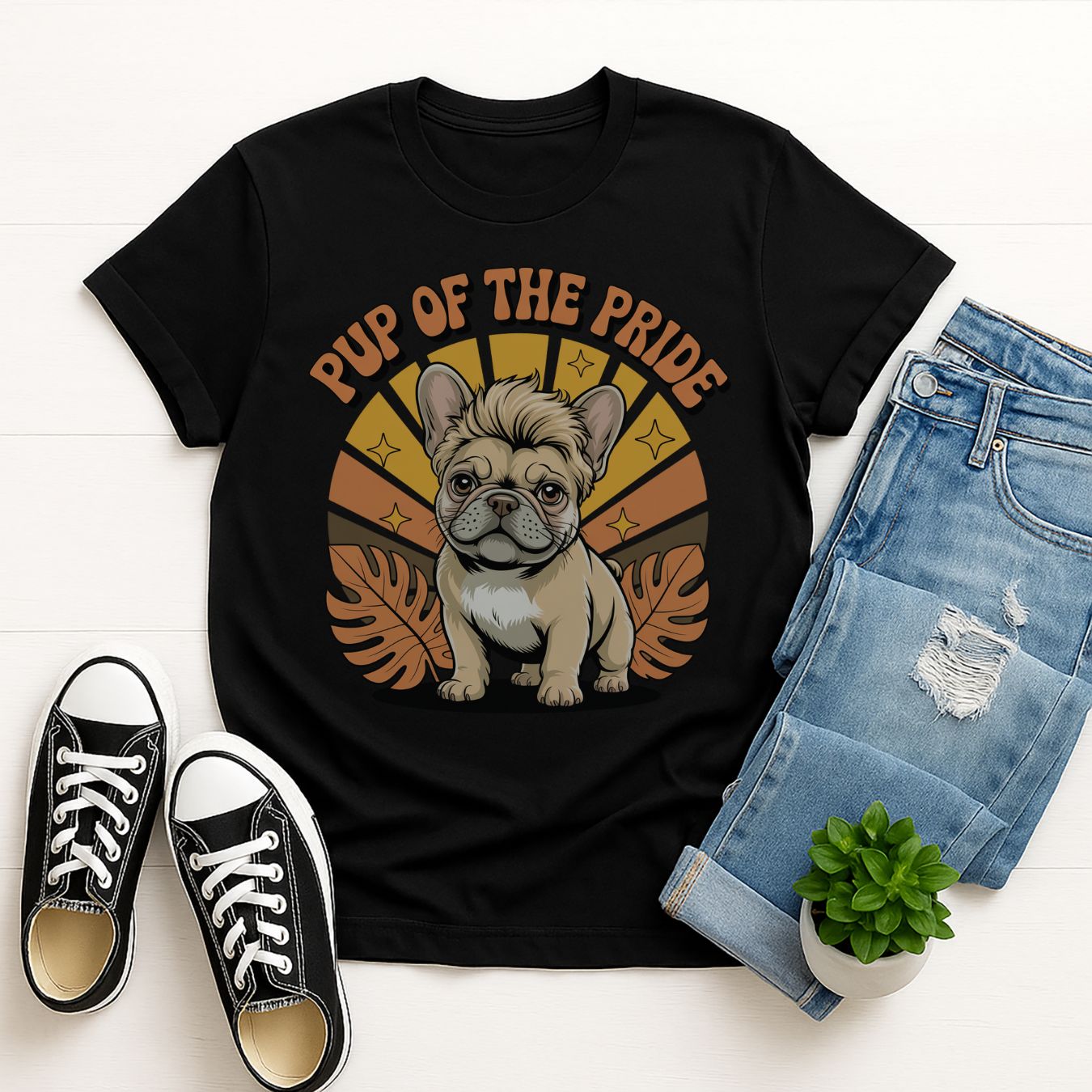 Black Gildan 6400 unisex t-shirt with retro dog graphic and ‘Pup Of The Pride’ text, perfect for dog lovers.