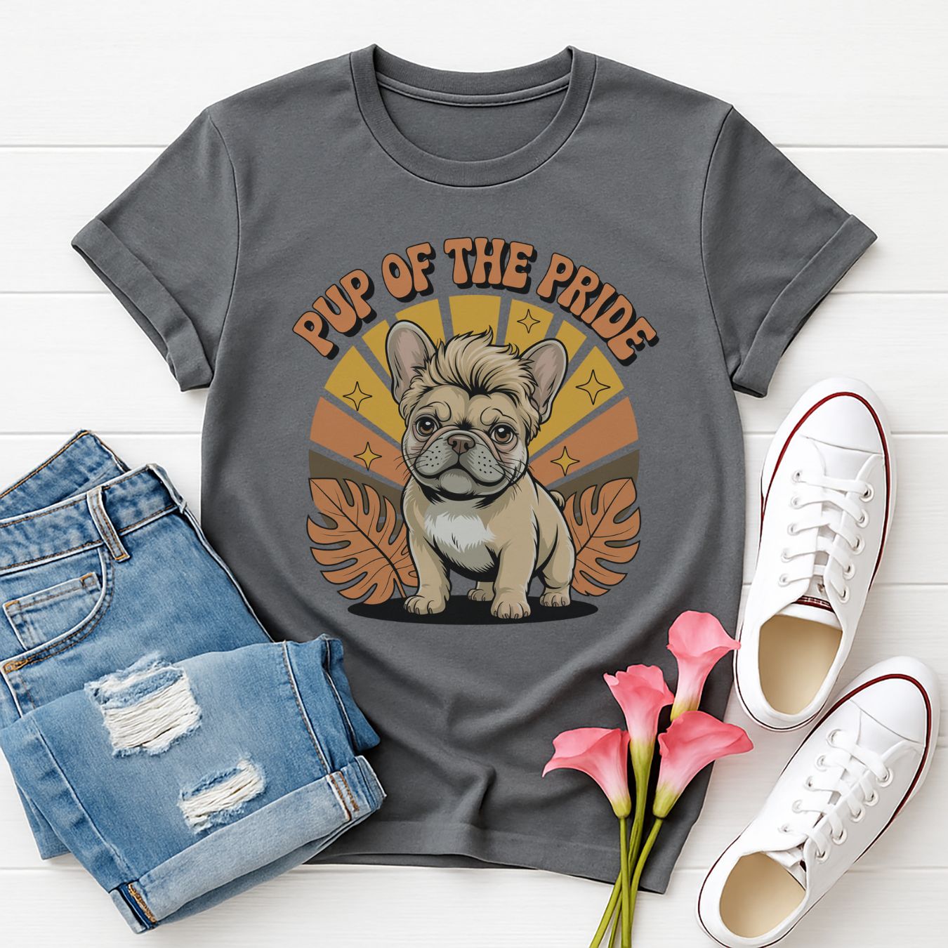 Charcoal Gray Gildan 6400 unisex t-shirt with retro dog graphic and ‘Pup Of The Pride’ text, perfect for dog lovers.