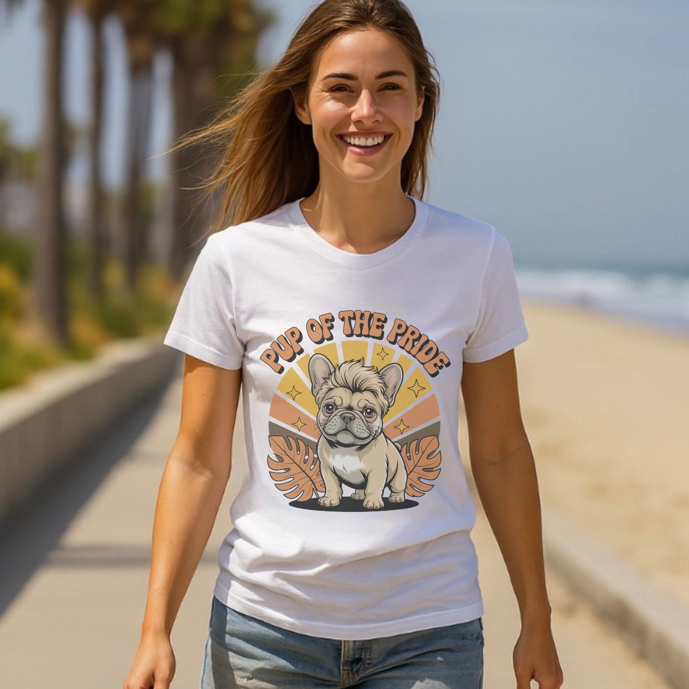 White unisex t-shirt with retro dog graphic and ‘Pup Of The Pride’ text, perfect for dog lovers.