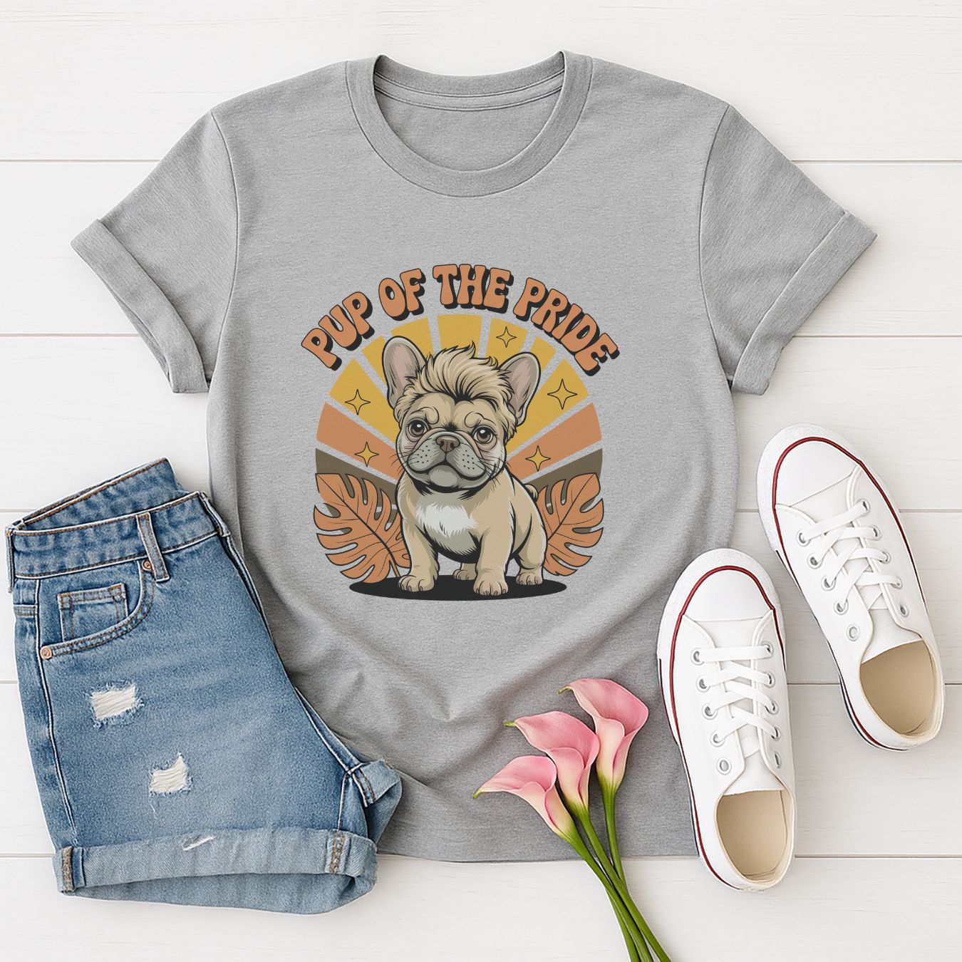 Sport Gray Gildan 6400 unisex t-shirt with retro dog graphic and ‘Pup Of The Pride’ text, perfect for dog lovers.