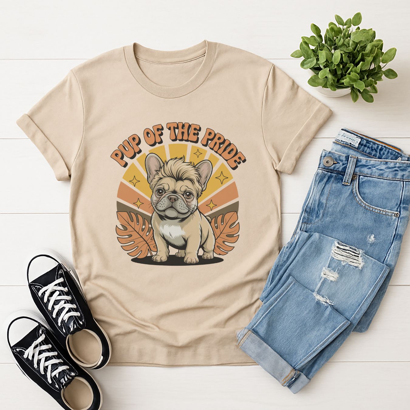 Sand Beige Gildan 6400 unisex t-shirt with retro dog graphic and ‘Pup Of The Pride’ text, perfect for dog lovers.