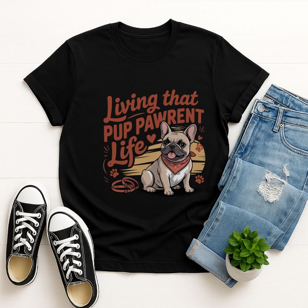 Black Gildan 6400 unisex t-shirt with retro dog graphic and ‘Living that Pup Pawrent Life’ text, perfect for dog lovers.