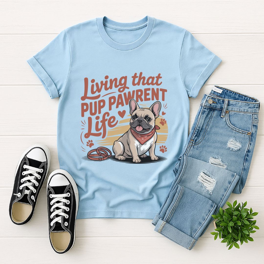 Light Blue Gildan 6400 unisex t-shirt with retro dog graphic and ‘Living that Pup Pawrent Life’ text, perfect for dog lovers.