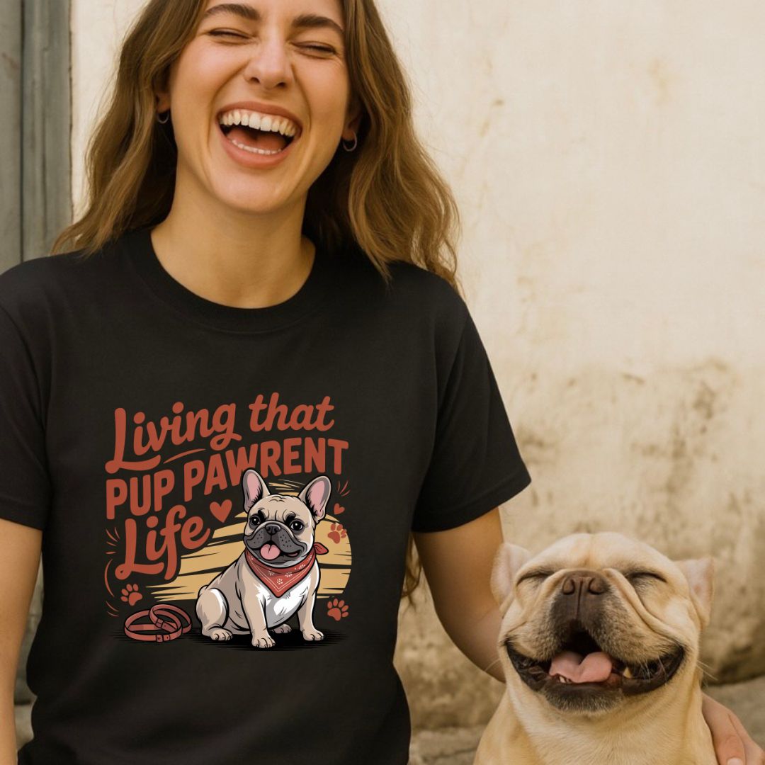 Unisex t-shirt with retro dog graphic and ‘Living that Pup Pawrent Life’ text, perfect for dog lovers.