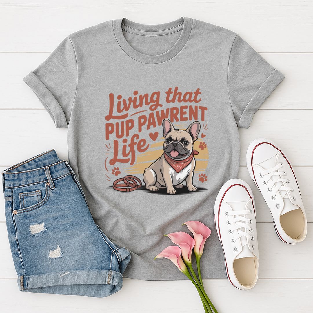 Sport Gray Gildan 6400 unisex t-shirt with retro dog graphic and ‘Living that Pup Pawrent Life’ text, perfect for dog lovers.