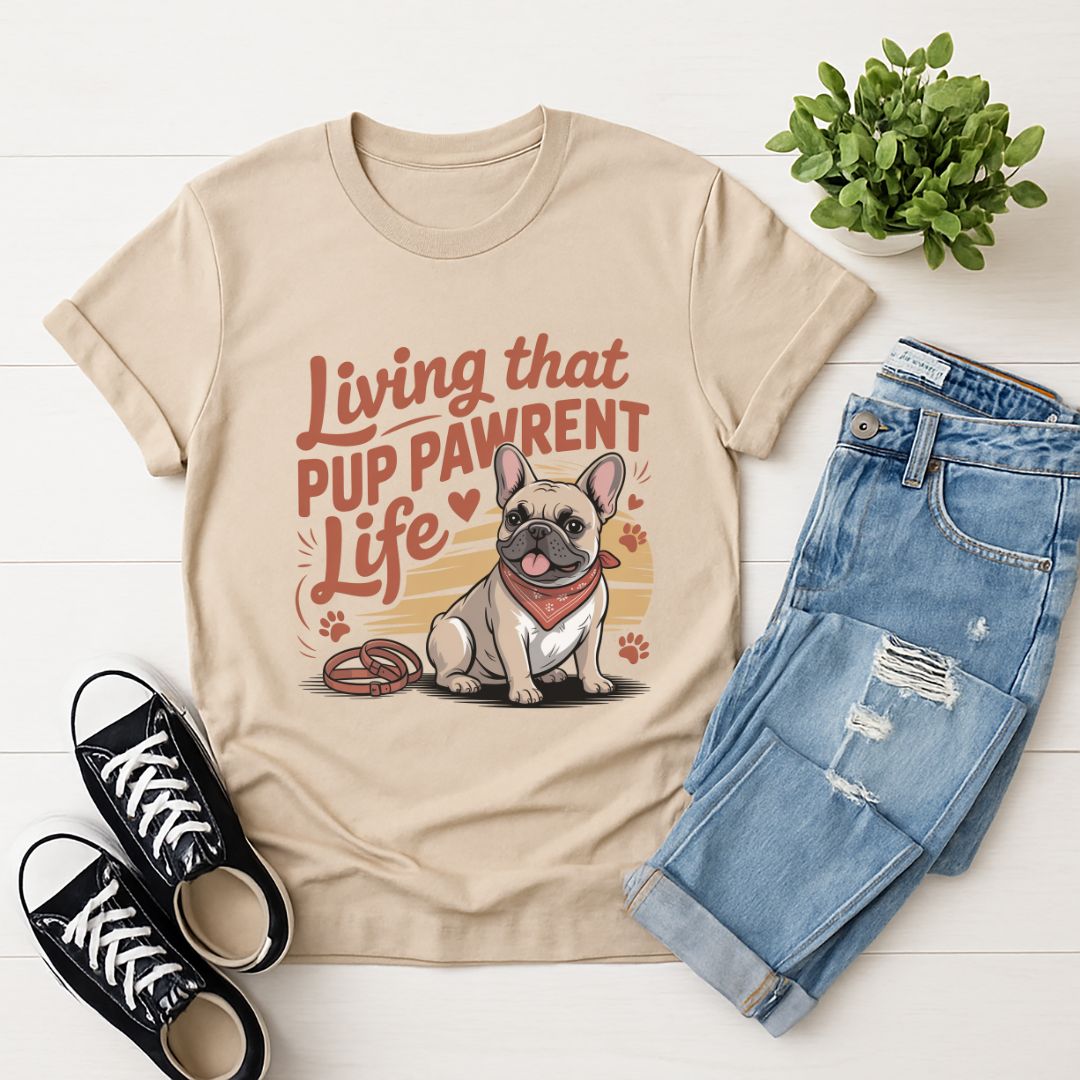 Sand Beige Gildan 6400 unisex t-shirt with retro dog graphic and ‘Living that Pup Pawrent Life’ text, perfect for dog lovers.