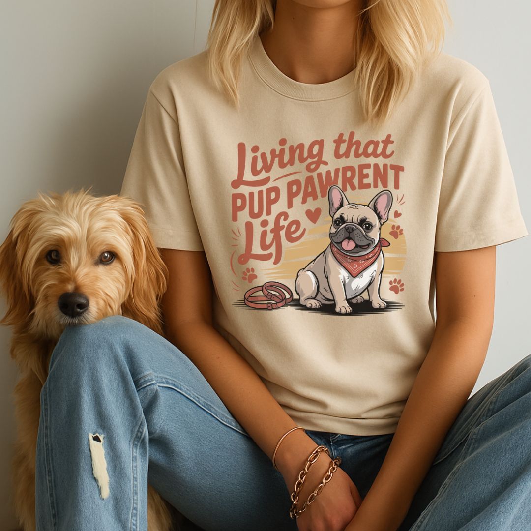 Sand Beige Gildan 6400 unisex t-shirt with retro dog graphic and ‘Living that Pup Pawrent Life’ text, perfect for dog lovers.