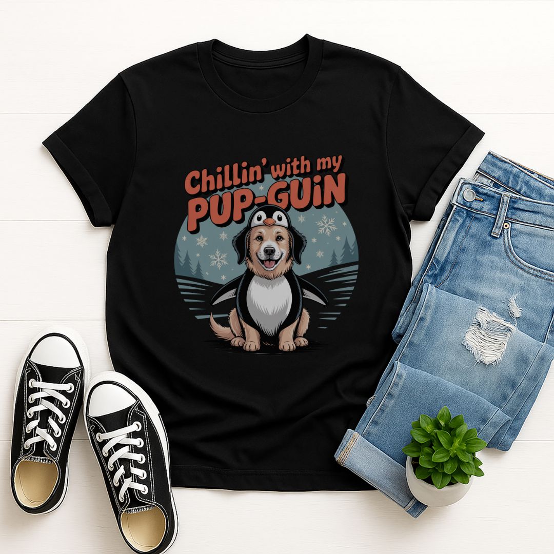 Black Gildan 6400 unisex t-shirt with retro dog graphic and ‘Chillin' with my PUP-GUIN’ text, perfect for dog lovers.