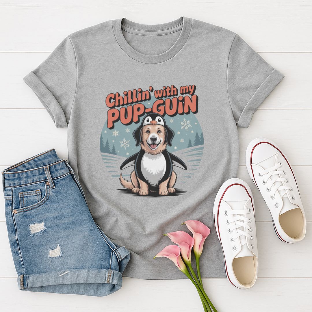 Sport Gray Gildan 6400 unisex t-shirt with retro dog graphic and ‘Chillin' with my PUP-GUIN’ text, perfect for dog lovers.