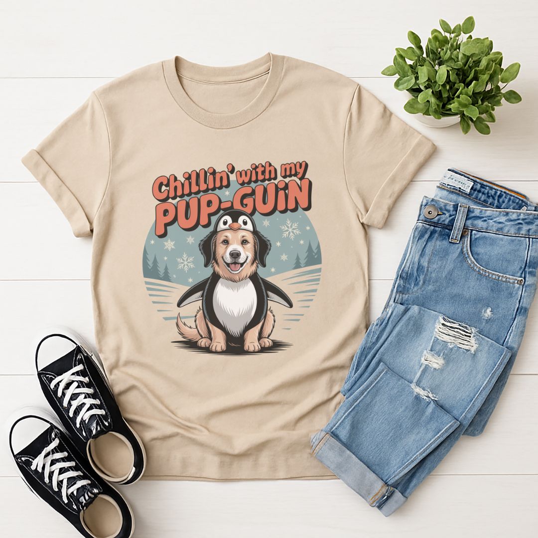 Sand Beige Gildan 6400 unisex t-shirt with retro dog graphic and ‘Chillin' with my PUP-GUIN’ text, perfect for dog lovers.