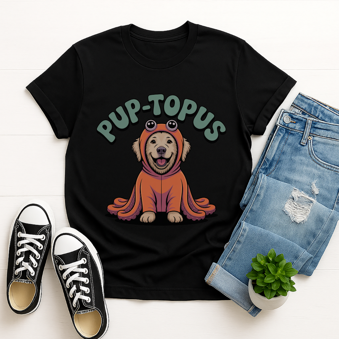 Black Gildan 6400 unisex t-shirt with retro dog graphic and ‘Pup-topus’ text, perfect for dog lovers.