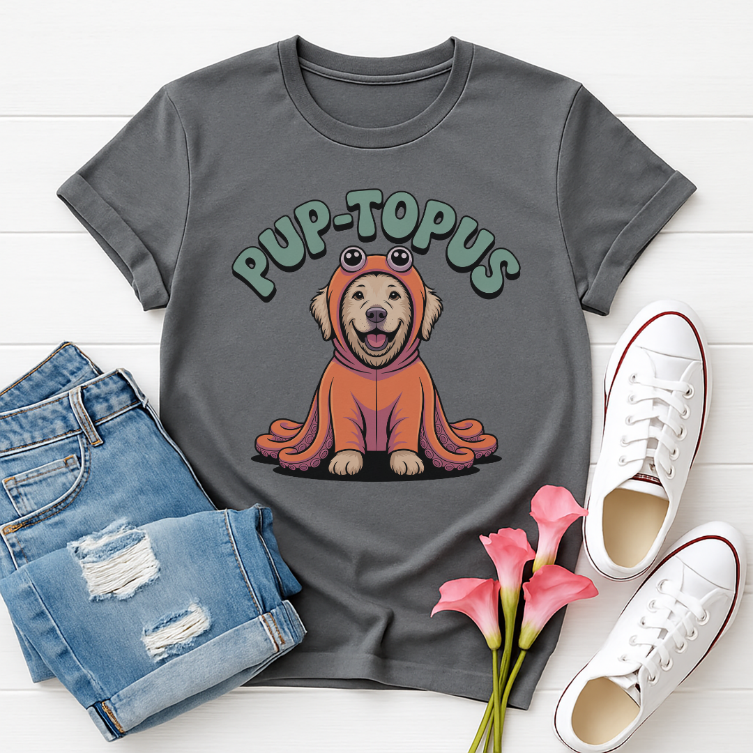 Charcoal Gray Gildan 6400 unisex t-shirt with retro dog graphic and ‘Pup-topus’ text, perfect for dog lovers.