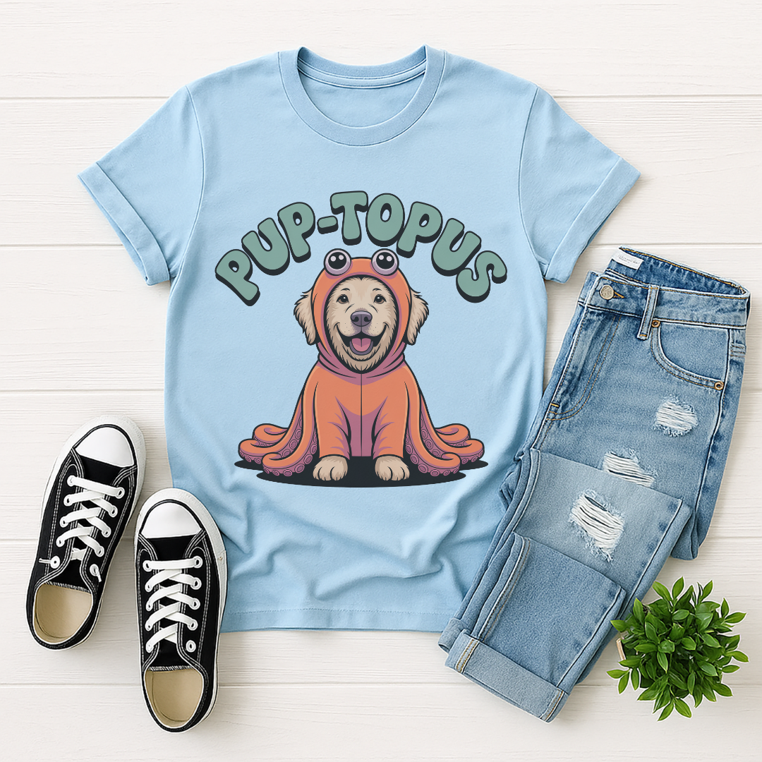 Light Blue Gildan 6400 unisex t-shirt with retro dog graphic and ‘Pup-topus’ text, perfect for dog lovers.