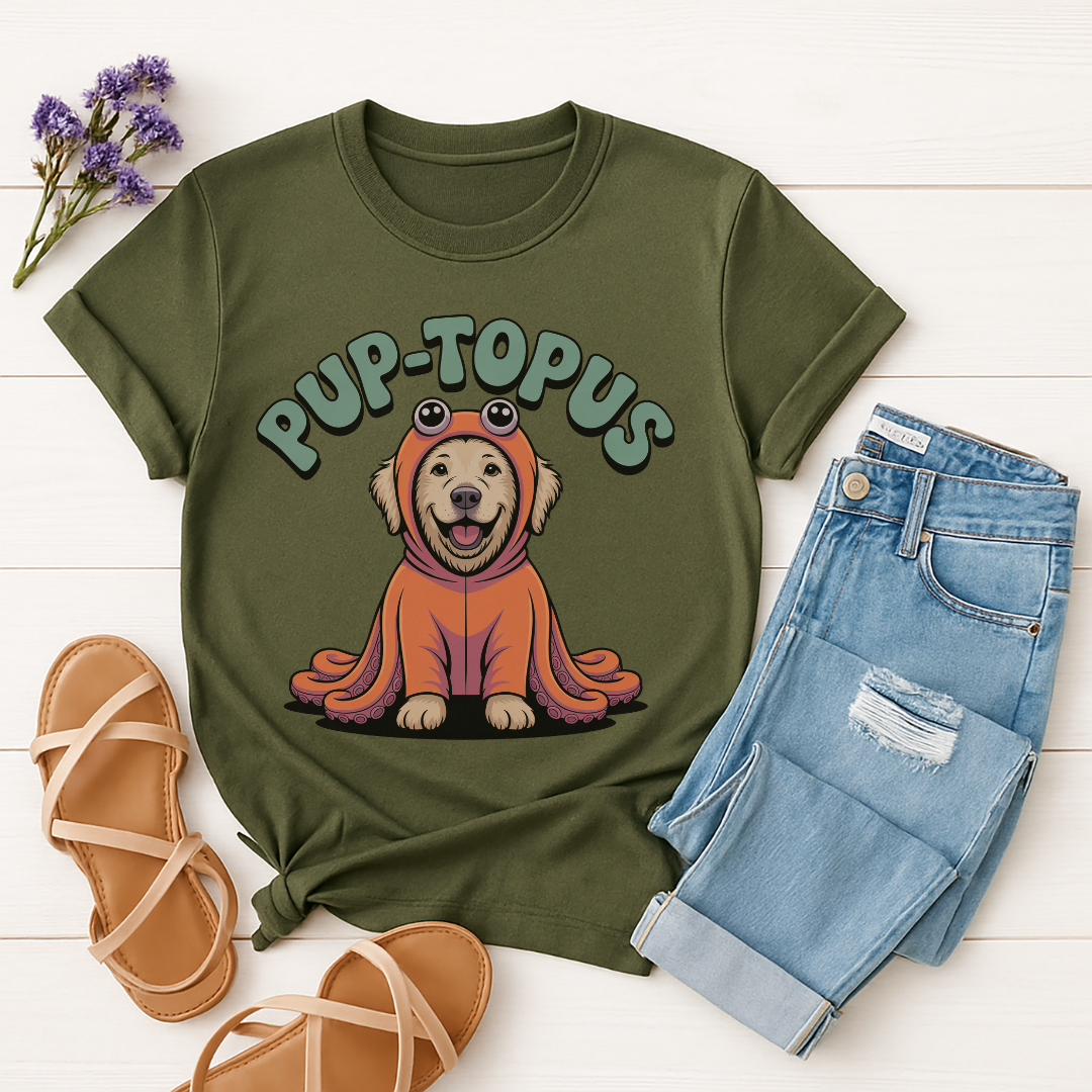 Military Green Gildan 6400 unisex t-shirt with retro dog graphic and ‘Pup-topus’ text, perfect for dog lovers.
