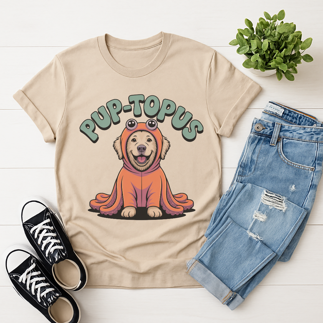 Sand Beige Gildan 6400 unisex t-shirt with retro dog graphic and ‘Pup-topus’ text, perfect for dog lovers.