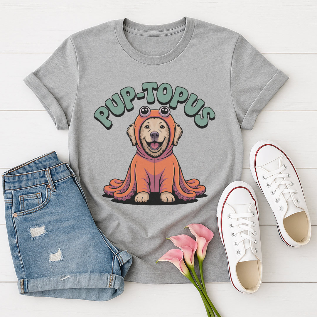 Sport Gray Gildan 6400 unisex t-shirt with retro dog graphic and ‘Pup-topus’ text, perfect for dog lovers.