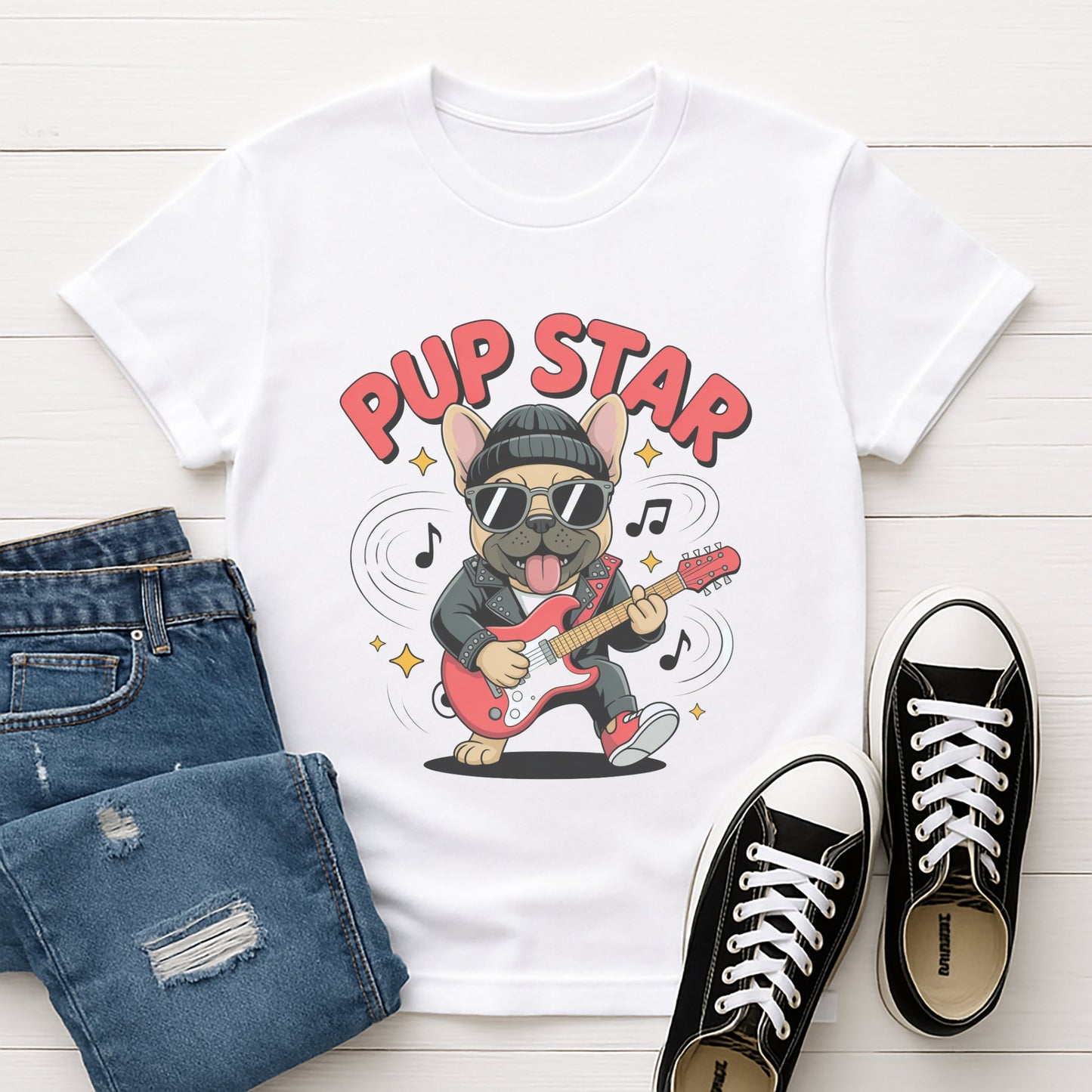 White Gildan 6400 unisex t-shirt with retro dog graphic and ‘Pup Star’ text, perfect for dog lovers.