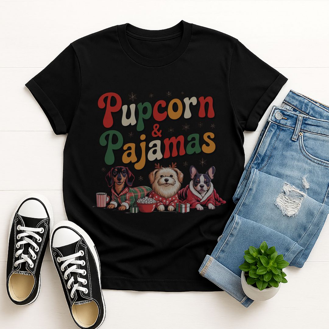 Black Gildan 6400 unisex t-shirt with retro dog graphic and ‘Pupcorn & Pajamas' text, perfect for dog lovers.