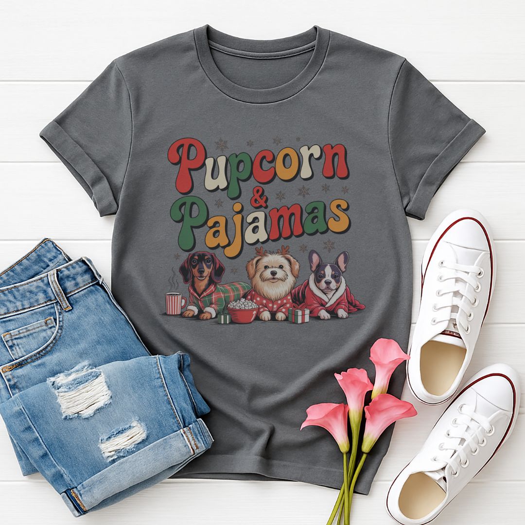 Charcoal Gray Gildan 6400 unisex t-shirt with retro dog graphic and ‘Pupcorn & Pajamas' text, perfect for dog lovers.