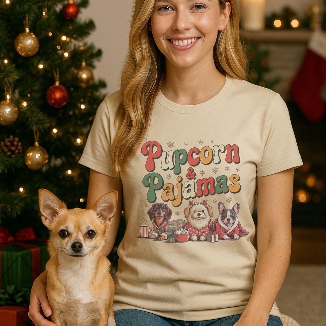 Unisex t-shirt with retro dog graphic and ‘Pupcorn & Pajamas' text, perfect for dog lovers.