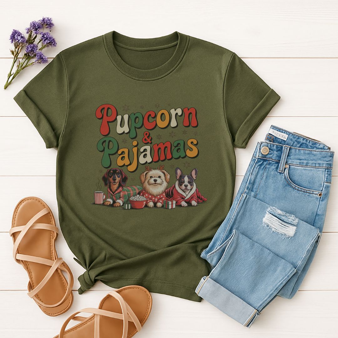 Military Green Gildan 6400 unisex t-shirt with retro dog graphic and ‘Pupcorn & Pajamas' text, perfect for dog lovers.
